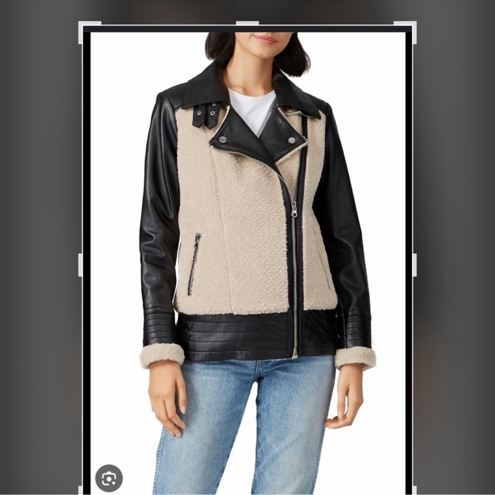Slate and Willow Two-Tone Faux Shearling Moto Jacket - Black & Beige
